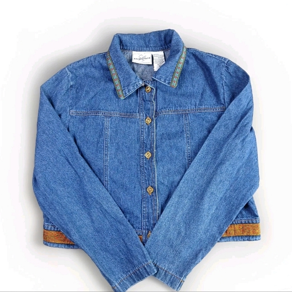 Vintage Studio Ease Lightweight Denim Jacket Embellished w/ Ribbon Edges size 8
